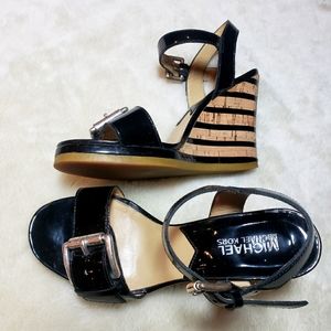 Michael Kors Pacific Wedge Buckle Patent Leather Striped Sandal, size 5.5